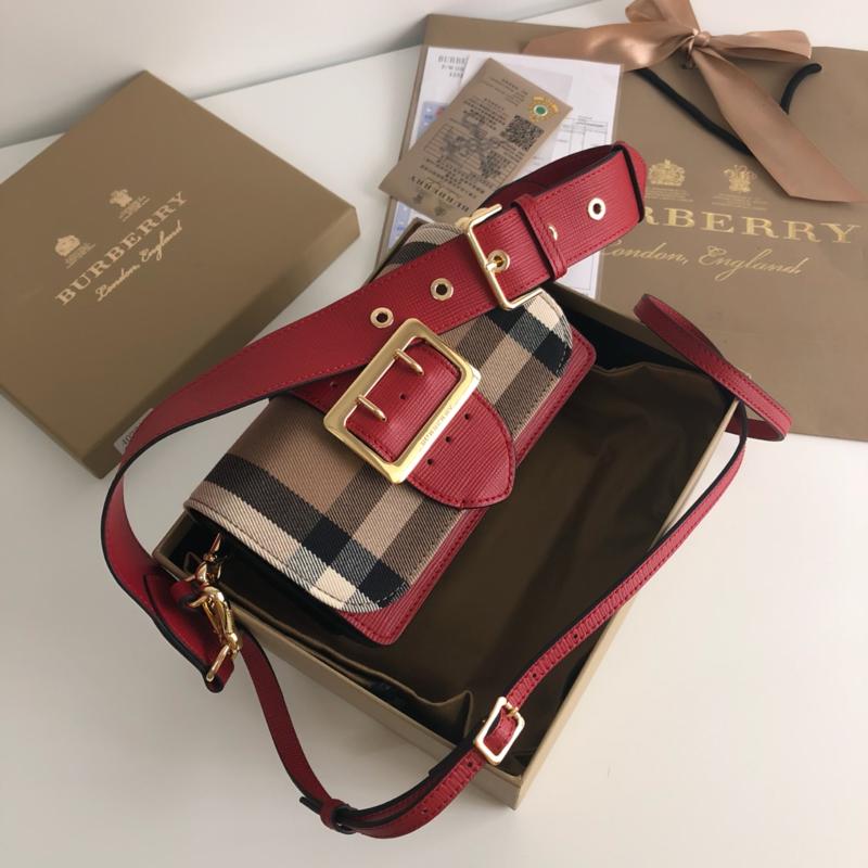 Burberry Handbags 40224571 fabric paired with leather red and black